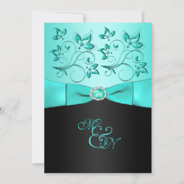 Aqua en Black Floral II Monogram Uitnodiging