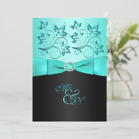 Aqua en Black Floral II Monogram Uitnodiging (Staand voorkant)