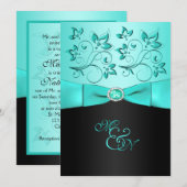 Aqua en Black Floral II Monogram Uitnodiging (Voorkant / Achterkant)
