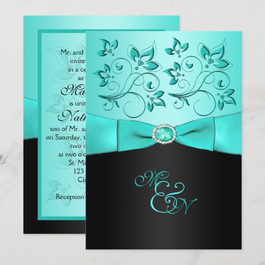 Aqua en Black Floral II Monogram Uitnodiging (Voorkant / Achterkant)