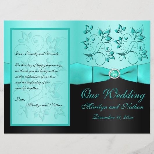 Aqua en Black Floral II Wedding Programme (Voorkant)