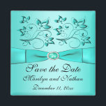 Aqua en Black Floral Wedding Favor Magnet<br><div class="desc">Deze waterblauwe en zwarte floral save the date magnet heeft een GEDRUKT lintje en een DRUKTE juwelensluiting die overeenkomt met de trouwuitnodiging hieronder. ****Als u de vorm en/of grootte van de magneet wijzigt, of als u de lettertypen of de grootte van het lettertype wijzigt, kan een deel van het ontwerp...</div>
