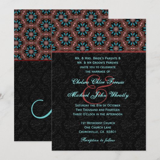 Aqua en Black Modern Monogram Wedding H664 Kaart (Voorkant / Achterkant)