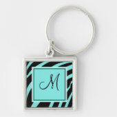 Aqua en Black Monogram Zebra Print Sleutelhanger (Voorkant)