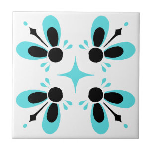 Aqua en Black op White Intricate Floral patroon Tegeltje