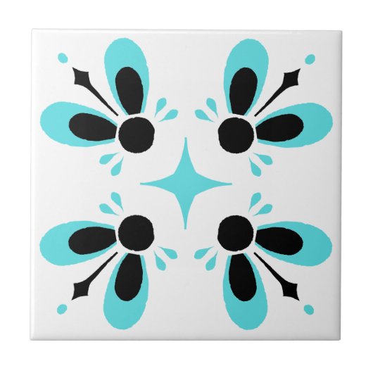 Aqua en Black op White Intricate Floral patroon Tegeltje (Voorkant)
