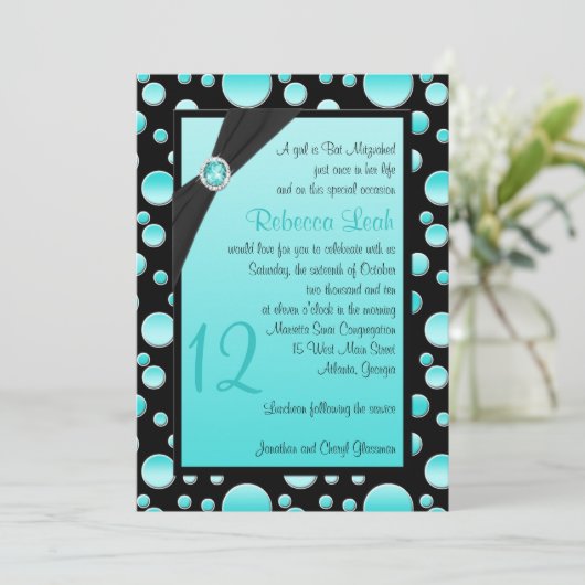 Aqua en Black Polka Dot Bat Mitzvah Uitnodiging (Staand voorkant)