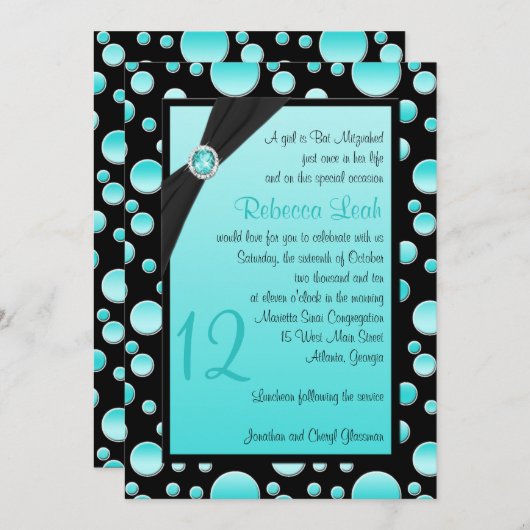 Aqua en Black Polka Dot Bat Mitzvah Uitnodiging (Voorkant / Achterkant)