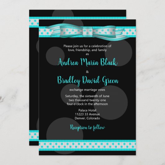 Aqua en Black Polka Dot Ribbon Wedding Uitnodiging (Voorkant / Achterkant)