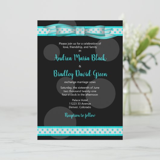 Aqua en Black Polka Dots Invitation Kaart (Staand voorkant)