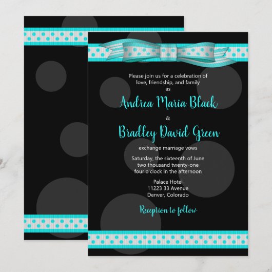 Aqua en Black Polka Dots Invitation Kaart (Voorkant / Achterkant)