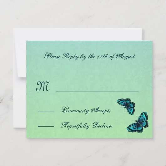 Aqua en Blauwgroen Butterfly Damask RSVP Wedding (Achterkant)