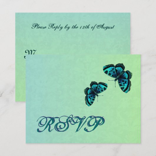 Aqua en Blauwgroen Butterfly Damask RSVP Wedding (Voorkant / Achterkant)