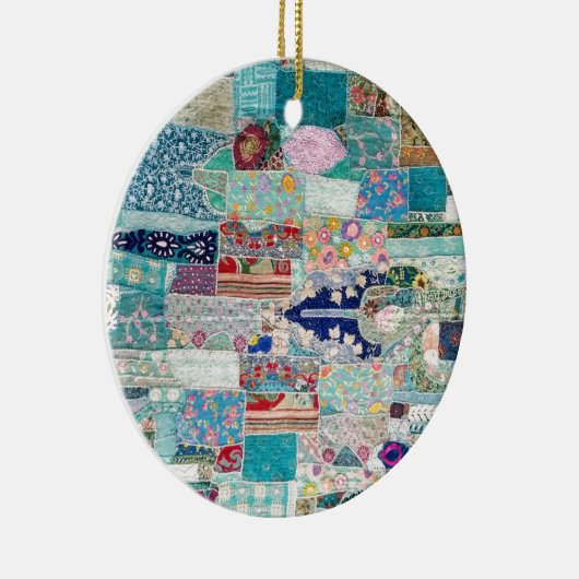 Aqua en Blue Quilt Tapestry Design Keramisch Ornament (Rechts)