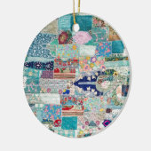 Aqua en Blue Quilt Tapestry Design Keramisch Ornament (Links)