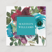 Aqua en Bourgondische Waterverf Floral Vierkante Visitekaartje (Voorkant)