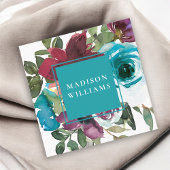 Aqua en Bourgondische Waterverf Floral Vierkante Visitekaartje