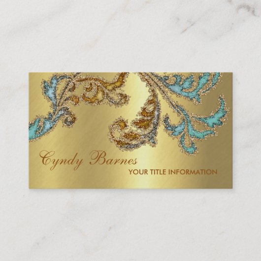 Aqua- en Bronze Glittery Damask-ontwerp Visitekaartje (Voorkant)