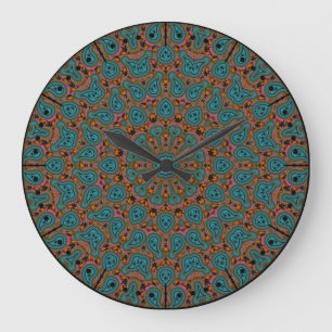 Aqua en Brown Boho Paisley Kaleidoscope Grote Klok