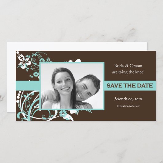 Aqua en Brown Floral Bewaar de datum fotokaarten Save The Date (Voorkant / Achterkant)