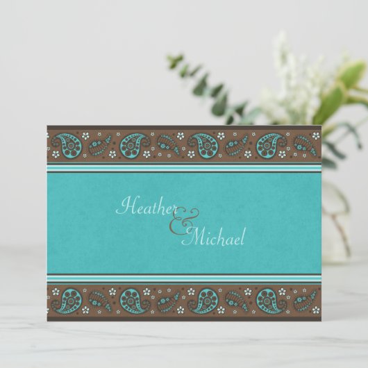 Aqua en Brown Paisley Wedding Invitation Kaart (Staand voorkant)
