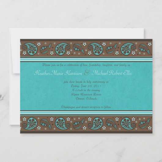 Aqua en Brown Paisley Wedding Invitation Kaart (Achterkant)