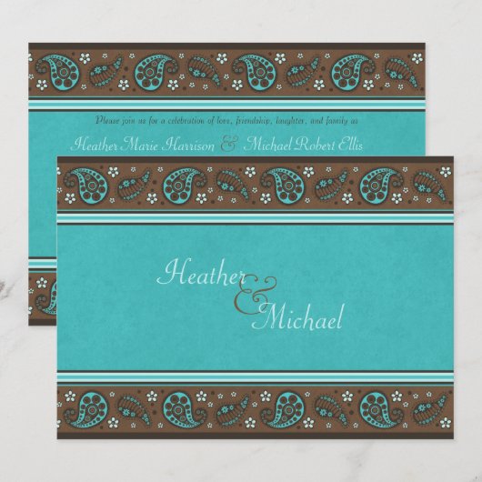 Aqua en Brown Paisley Wedding Invitation Kaart (Voorkant / Achterkant)