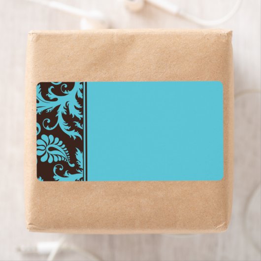 Aqua en Bruin Gestreept Damask Adreslabel Etiket (Insitu)