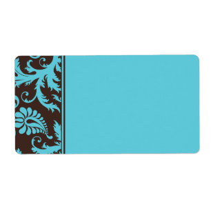 Aqua en Bruin Gestreept Damask Adreslabel Etiket