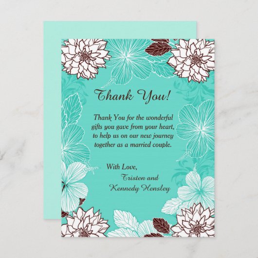 Aqua en bruine bloemen 4x5 flat-dank bedankkaart (Voorkant / Achterkant)