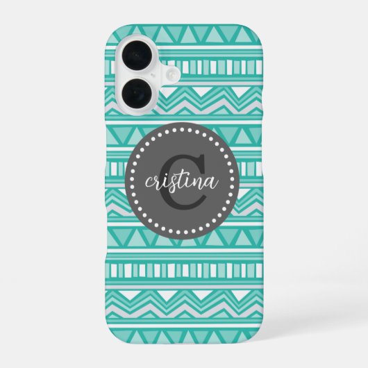 Aqua en Charcoal Aztec Chevron Maatwerk Monogram iPhone 16 Hoesje (Achterkant)