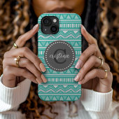 Aqua en Charcoal Aztec Chevron op maat gemonogramm iPhone 15 Case