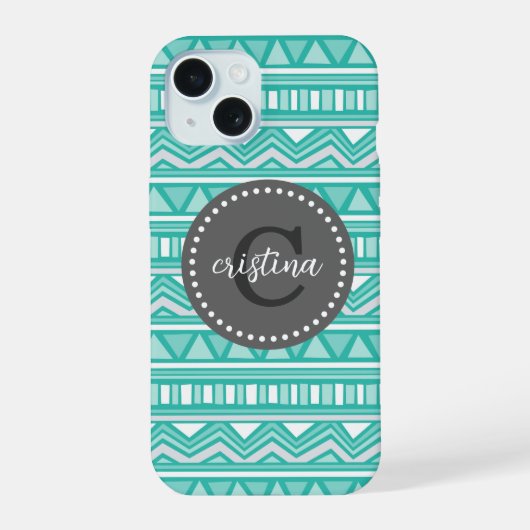 Aqua en Charcoal Aztec Chevron op maat gemonogramm iPhone 15 Case (Achterkant)