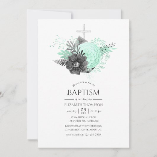 Aqua en Charcoal Floral Rustic Baptism Kaart (Voorkant)