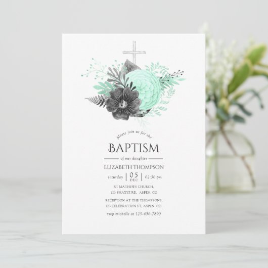 Aqua en Charcoal Floral Rustic Baptism Kaart (Staand voorkant)