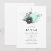 Aqua en Charcoal Floral Rustic Baptism Kaart (Voorkant / Achterkant)