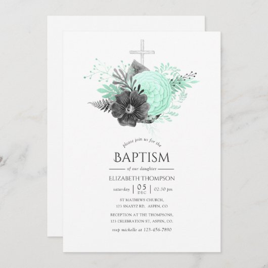 Aqua en Charcoal Floral Rustic Baptism Kaart (Voorkant / Achterkant)