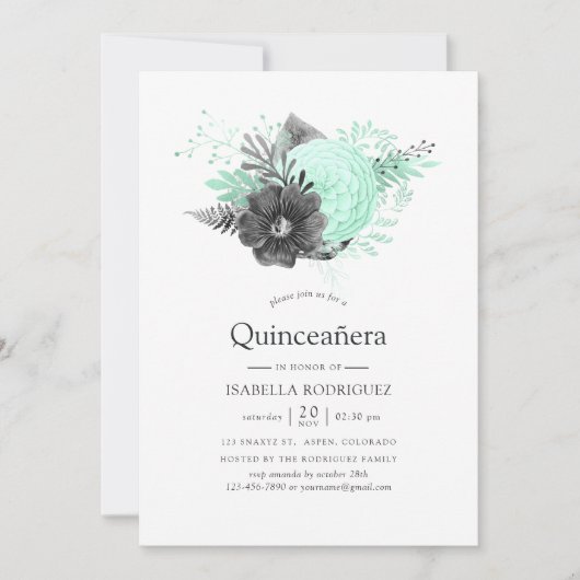 Aqua en Charcoal Floral Rustic Quinceañera Kaart (Voorkant)