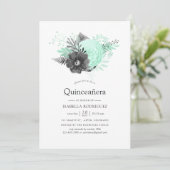 Aqua en Charcoal Floral Rustic Quinceañera Kaart (Staand voorkant)