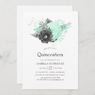 Aqua en Charcoal Floral Rustic Quinceañera Kaart