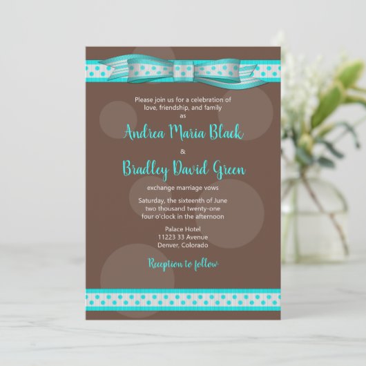 Aqua en Chocolate Brown Polka Dots Invitation Kaart (Staand voorkant)