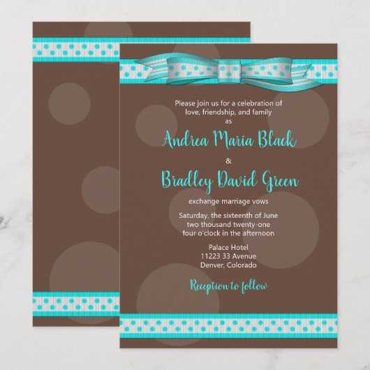 Aqua en Chocolate Brown Polka Dots Invitation Kaart (Voorkant / Achterkant)