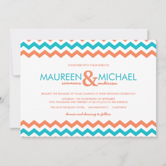 Aqua en Coral Chevron ZigZag Wedding Invitation Kaart (Voorkant)