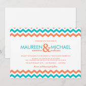 Aqua en Coral Chevron ZigZag Wedding Invitation Kaart (Voorkant / Achterkant)