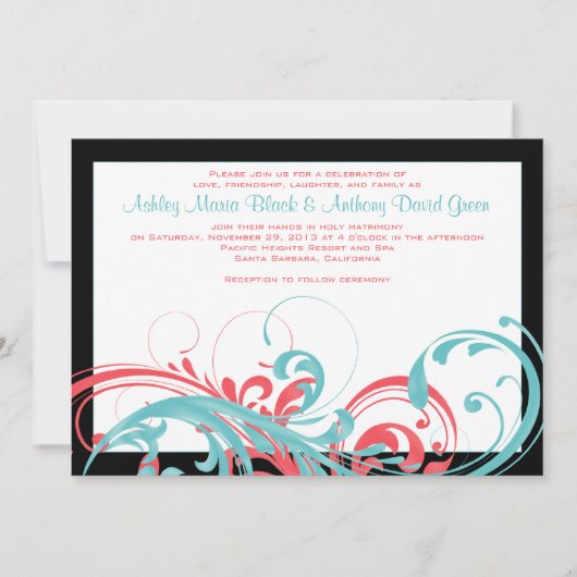 Aqua en Coral Floral Wedding Invitation Kaart (Voorkant)
