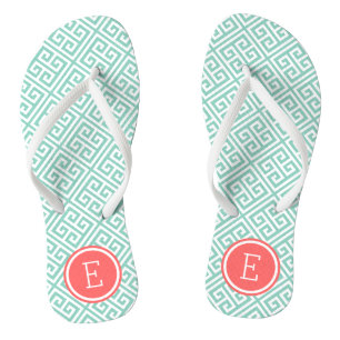 Aqua en Coral Greek Key Monogram Teenslippers