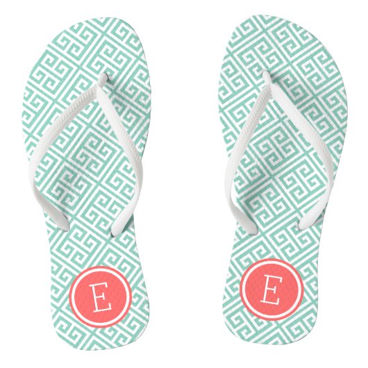 Aqua en Coral Greek Key Monogram Teenslippers (Voetbed)