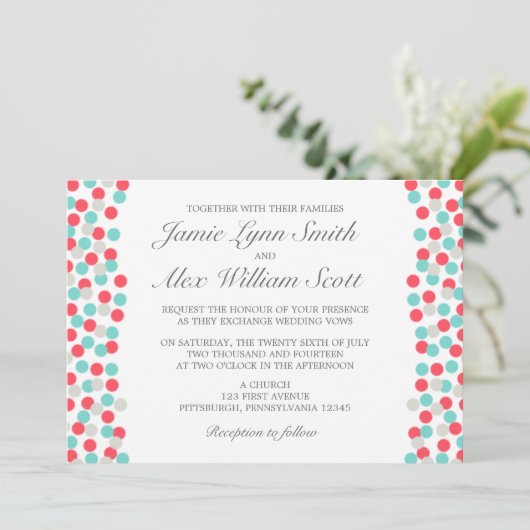 Aqua en Coral Polka Dot Wedding Uitnodiging (Staand voorkant)