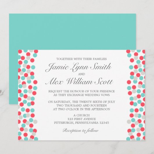 Aqua en Coral Polka Dot Wedding Uitnodiging (Voorkant / Achterkant)