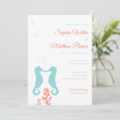 Aqua en Coral Seahorse Wedding Invitation Kaart (Staand voorkant)